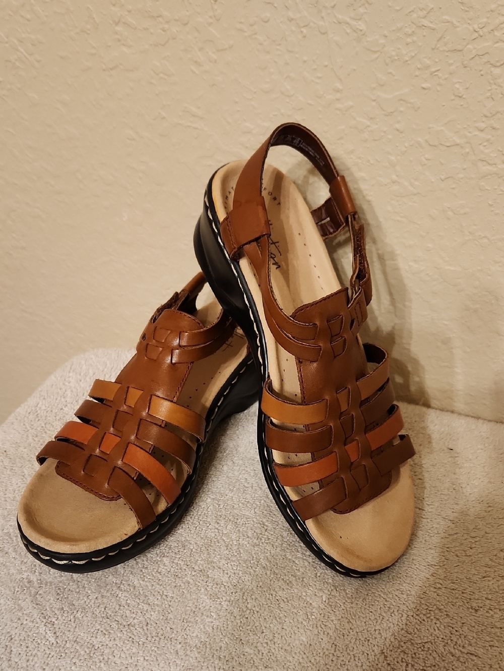 Clarks Tan/Brown Leather Woven Slingback Sandals